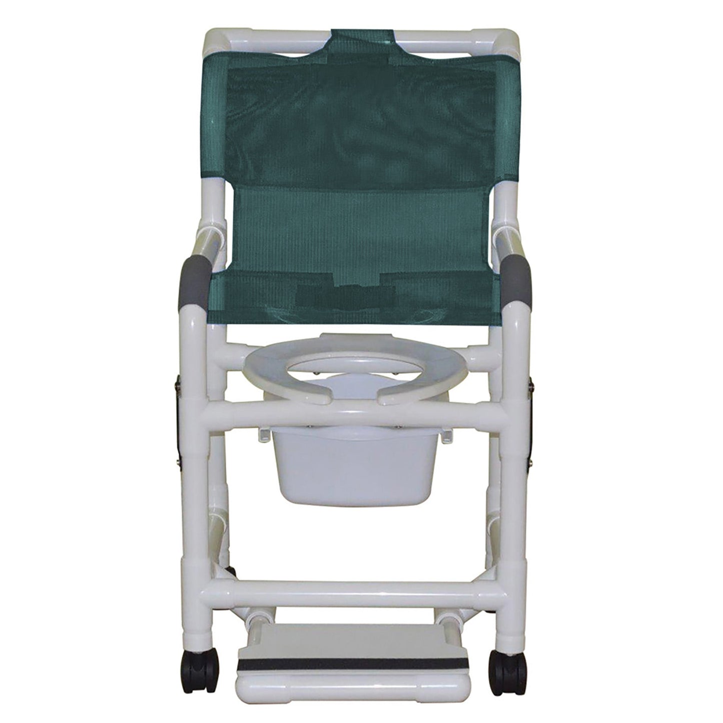 MJM International 118-3TW-DDA-SF-SQ-PAIL Shower chair 18" internal width, open front seat, 3" twin casters, with double drop arms, slide out footrest and 10 qt slide out square commode pail, 300 lbs weight capacity
