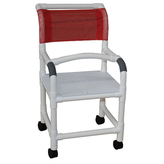 MJM International 118-3TW-F-LSB-18 Shower chair 18" internal width, 3" twin casters, flatstock seat w/ drain holes  & lap security bar 300 lbs weight capacity