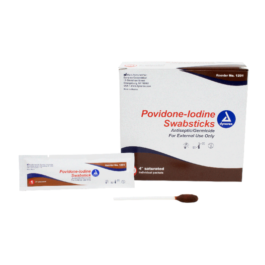 Dynarex Povidone Iodine Swabsticks, 1 Swabstick per Packet, 10 bxs/case (500 Count)