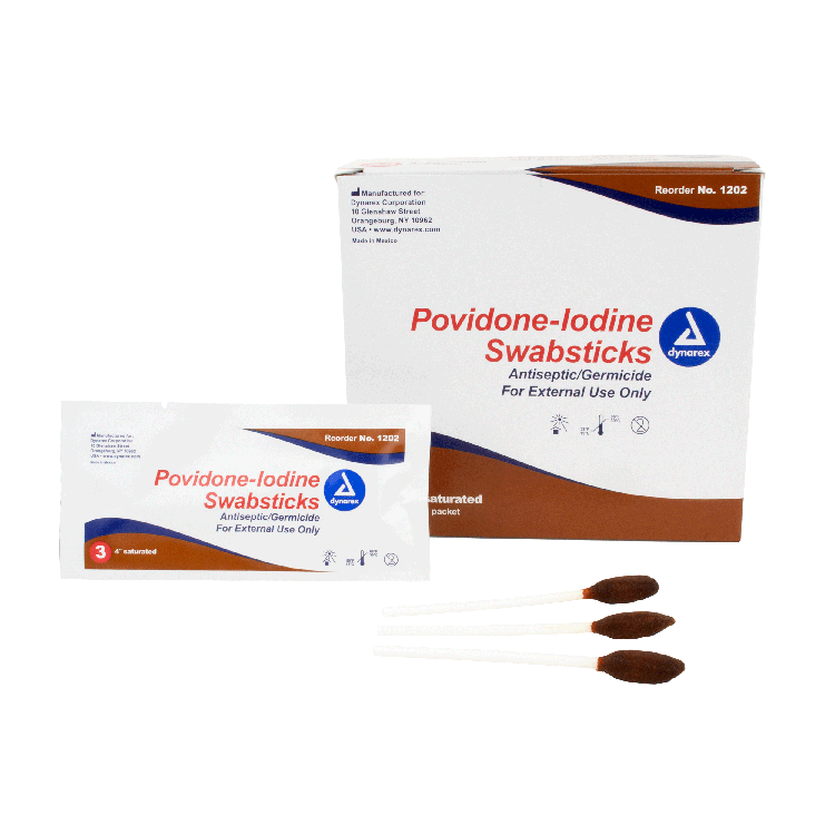Dynarex Povidone Iodine Swabsticks, 3 Swabsticks per Packet, 10bxs/case (250 Count)