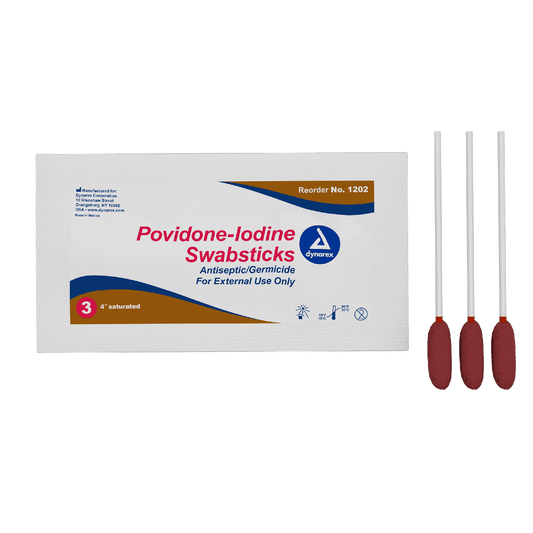 Dynarex Povidone Iodine Swabsticks, 3 Swabsticks per Packet, 10bxs/case (250 Count)