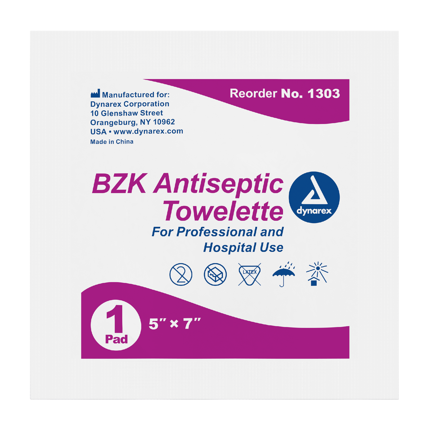 Dynarex BZK Antiseptic Towelettes, 5" x 7", 100ea/bx, 10bxs/case (1000 Count)