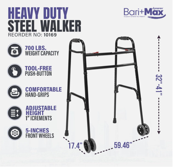 Dynarex Bari+Max Heavy Duty Steel Walker, 700 lb. Weight Capacity