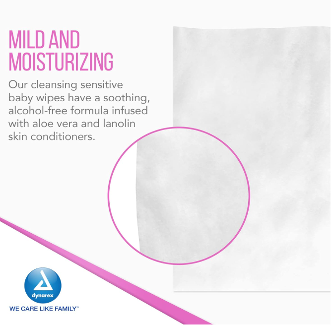 DynaCare Baby Wipes unscented w/ Resealable Label, 5" x 7", 24pks/case (1920 Count)