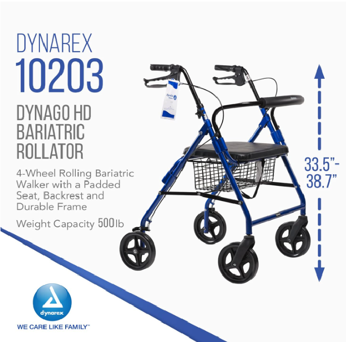 Dynarex Bari+Max Bariatric Rollator, Blue, 500 lb. Weight Capacity