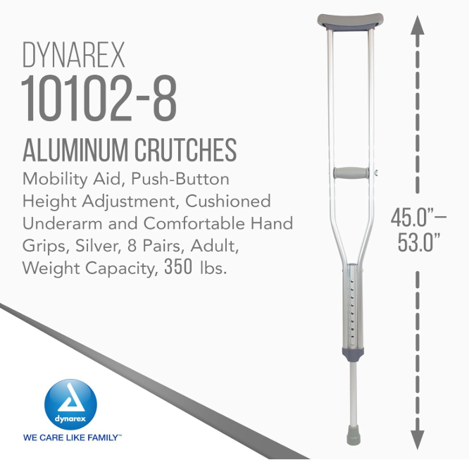Dynarex Aluminum Crutches Pair - Adult, 5'2" - 5'10" 8pks/case. (8 Pairs)