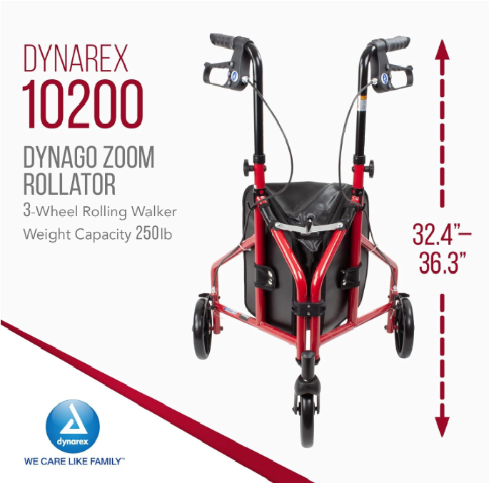 Dynarex DynaGo Zoom - Aluminum Rollator w/ 3" Wheels, Red
