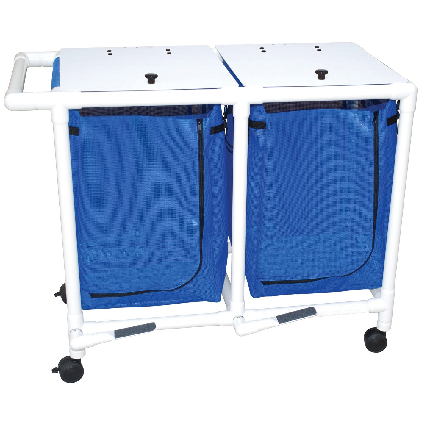 MJM International 218-D-FP Double hamper with mesh bag (43 gallon capacity per bag), 3" twin casters, zipper opening, push/pull handle & footpedal