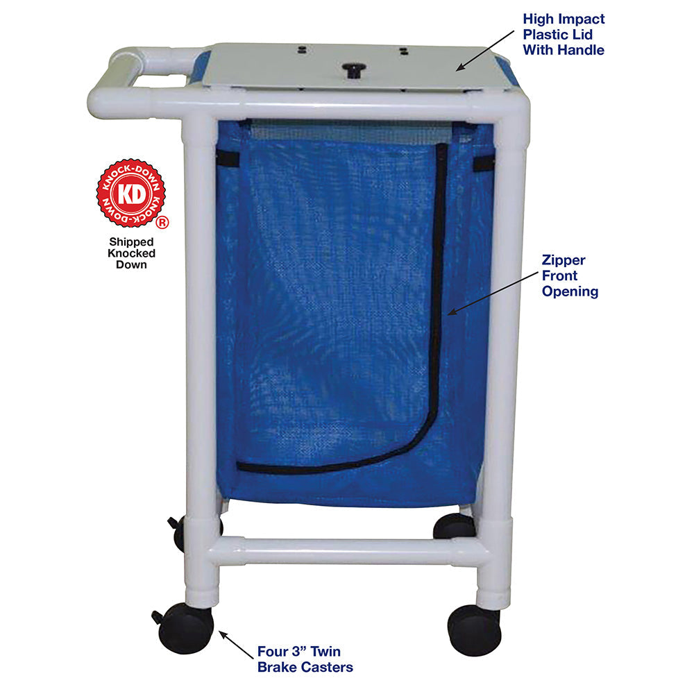 MJM International 218-S Single hamper with mesh bag (43 gallon capacity), 3" twin casters, zipper opening, push/pull handle