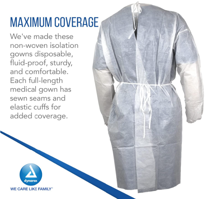 Dynarex Isolation Gown Poly - Coated Barrier, Small - 5ea/bx, 10bxs/case (50 Count)