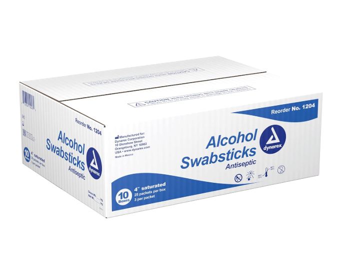 Dynarex Alcohol Swabsticks, 4", 3 Swabsticks per Packet, 10bxs/case (250 Count)