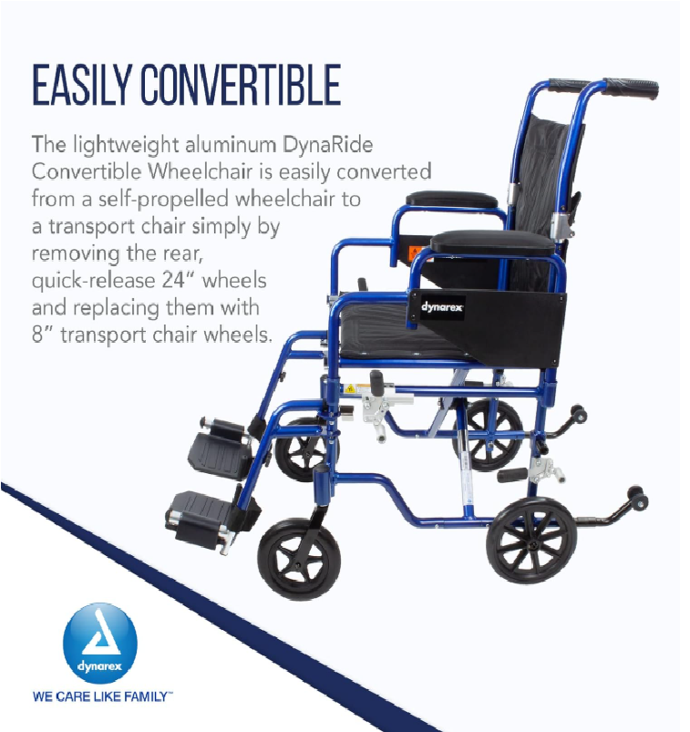Dynarex DynaRide Convertible Wheelchair - 18" x 16" with Detachable Desk Armrests, Blue | 250 lb Weight Capacity