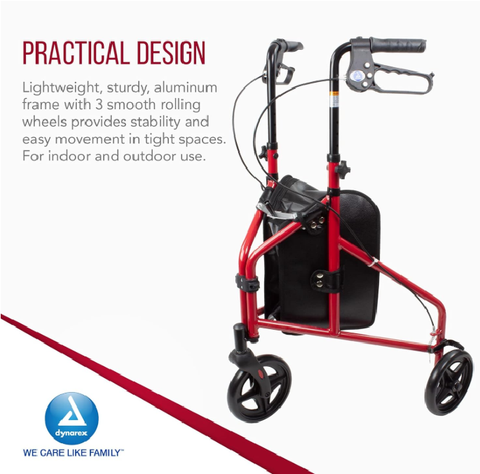 Dynarex DynaGo Zoom - Aluminum Rollator w/ 3" Wheels, Red