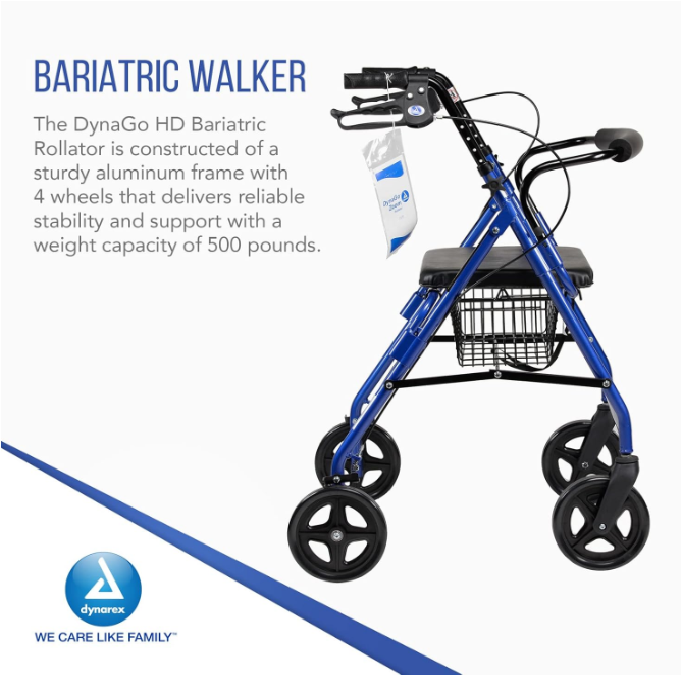 Dynarex Bari+Max Bariatric Rollator, Blue, 500 lb. Weight Capacity
