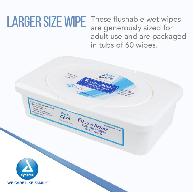 DynaCare Flushable Wipes - Adult, 9" x 13" Tub, 9tubs/case (540 Count)