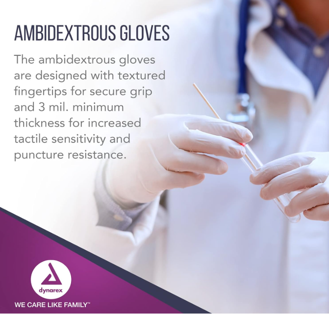 Dynarex Safe-Touch Latex Exam Gloves, 3 Mil Thick, Powder-Free - 100/bx, 10bxs/cs (1000 Count)