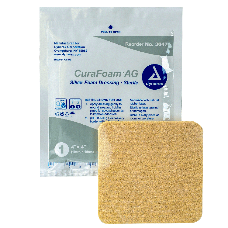 Dynarex CuraFoam AG - Silver Foam Dressing, 4" x 4" 10ea/bx, 10bxs/cs (100 Count)