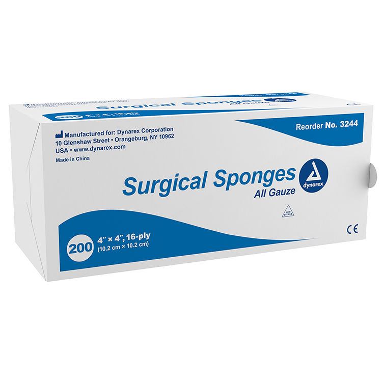 Dynarex Surgical Gauze Sponge, 4" x 4" - 200ea/bx 10bxs/cs (2000 Count)