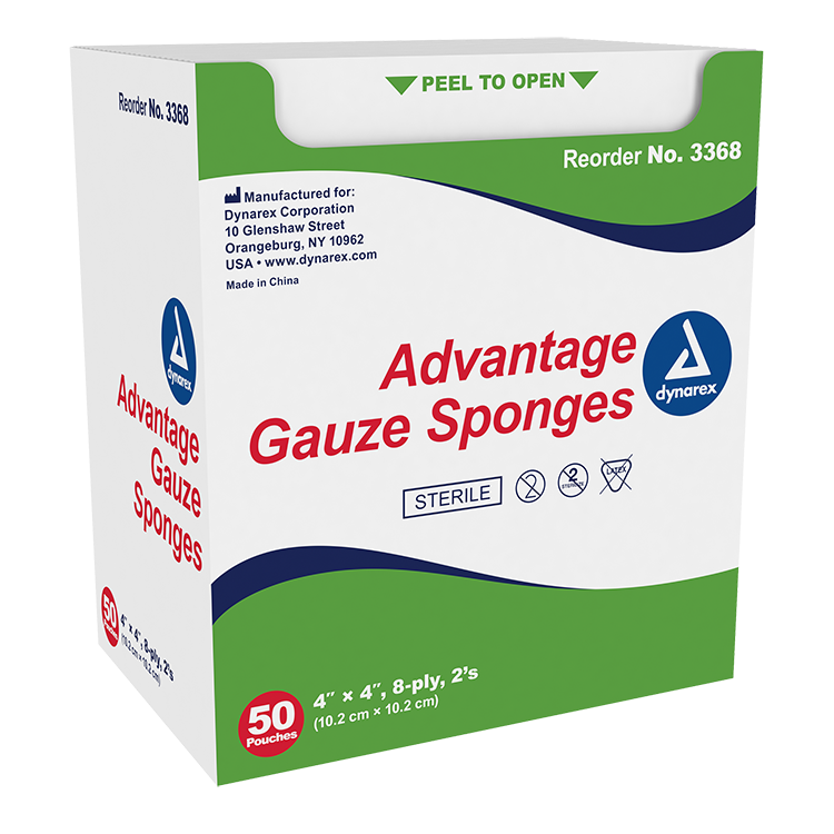 Dynarex Gauze Sponge - Sterile 2's, 4" x 4" 8 Ply, 50ea/bx, 12bxs/cs (600 Count)
