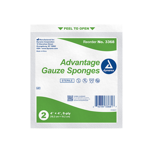 Dynarex Gauze Sponge - Sterile 2's, 4" x 4" 8 Ply, 50ea/bx, 12bxs/cs (600 Count)