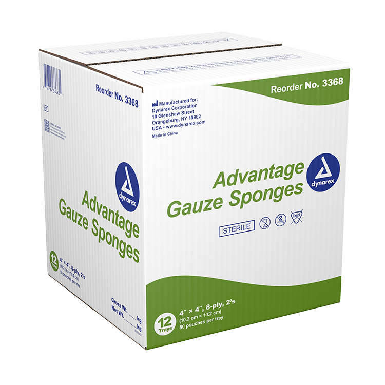 Dynarex Gauze Sponge - Sterile 2's, 4" x 4" 8 Ply, 50ea/bx, 12bxs/cs (600 Count)