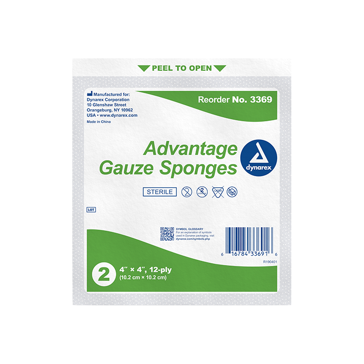 Dynarex Gauze Sponge - Sterile 2's, 4" x 4" 12 Ply, 25ea/bx, 24bxs/cs (600 Count)