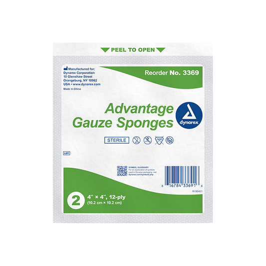 Dynarex Gauze Sponge - Sterile 2's, 4" x 4" 12 Ply, 25ea/bx, 24bxs/cs (600 Count)