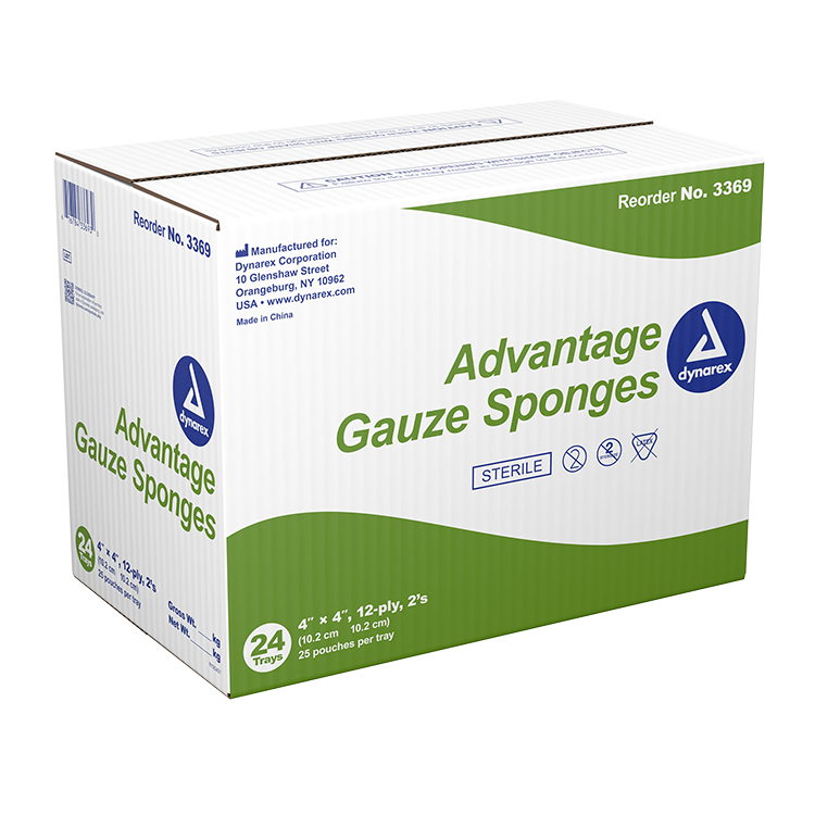 Dynarex Gauze Sponge - Sterile 2's, 4" x 4" 12 Ply, 25ea/bx, 24bxs/cs (600 Count)
