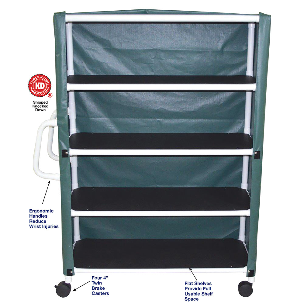 MJM International 350-4C 4-shelf jumbo linen cart with mesh or solid vinyl cover, 5" casters, shelf size: 20" x 50", 150 lbs per shelf