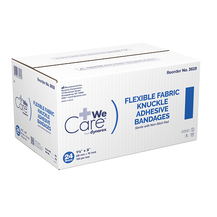 Dynarex Adhesive Fabric Bandages Knuckle - Sterile, 1 1/2" x 3" - 100ea/bx, 24bxs/cs (2400 Count)