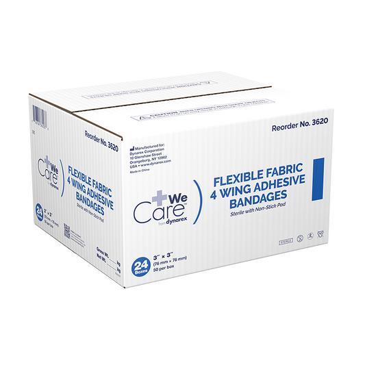 Dynarex Adhesive Fabric Bandages Four Wing  Sterile, 3" x 3" - 24ea/bx, 50bxs/cs (1200 Count)