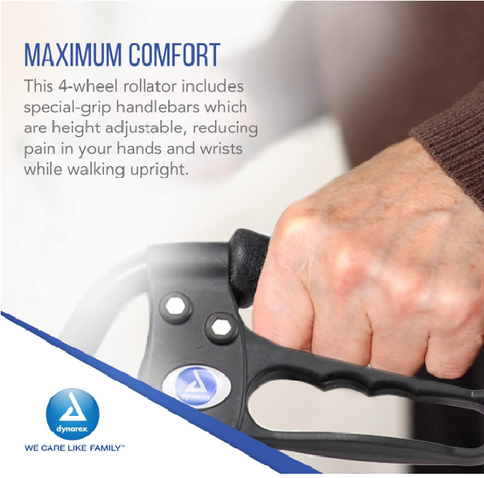 Dynarex Bari+Max Bariatric Rollator, Blue, 500 lb. Weight Capacity
