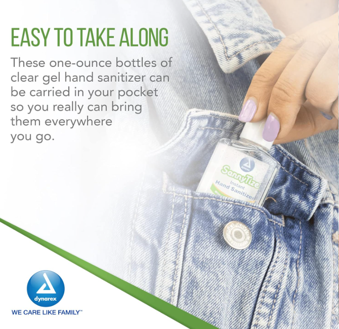 Dynarex Instant Hand Sanitizer, 1 oz. Square Bottles, 24bot/bx, 6bxs/case (144 Count)