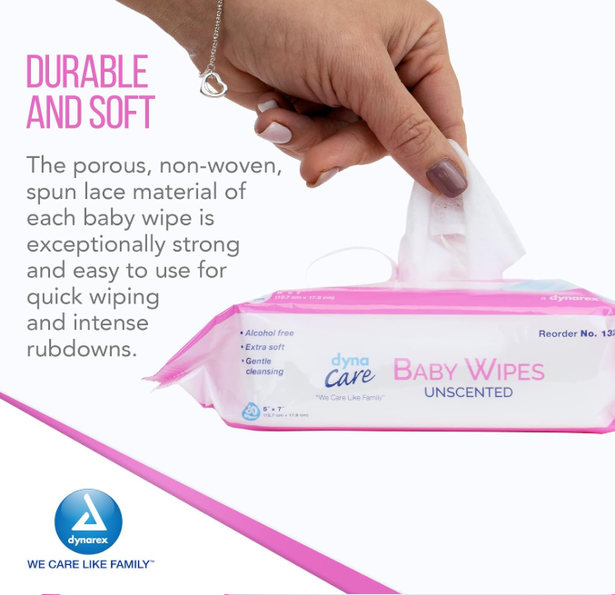 DynaCare Baby Wipes unscented w/ Plastic Lid, 7" x 8", 24pks/case (1920 Count)