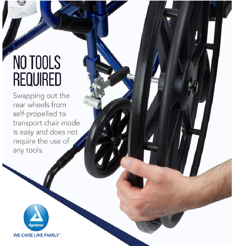 Dynarex DynaRide Convertible Wheelchair - 18" x 16" with Detachable Desk Armrests, Blue | 250 lb Weight Capacity