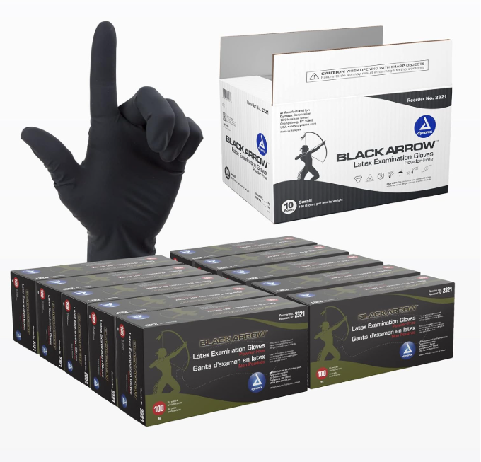 Dynarex Black Arrow Latex Exam Gloves, 6 Mil Thick, Powder-Free - 100/bx, 10bxs/cs (1000 Count)