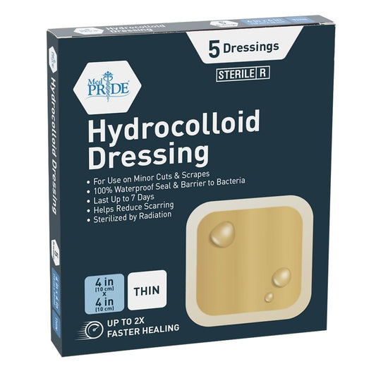 Medpride Hydrocolloid Wound Dressing Pads 4"x4" Thin, Sterile Adhesive Patches, 5/Pack, Case of 20 (100 Count)