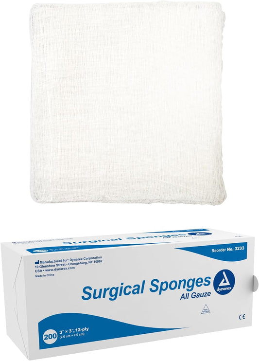 Dynarex Surgical Gauze Sponge, 3" x 3" 12 Ply 200ea/bx, 20bxs/cs (4000 Count)