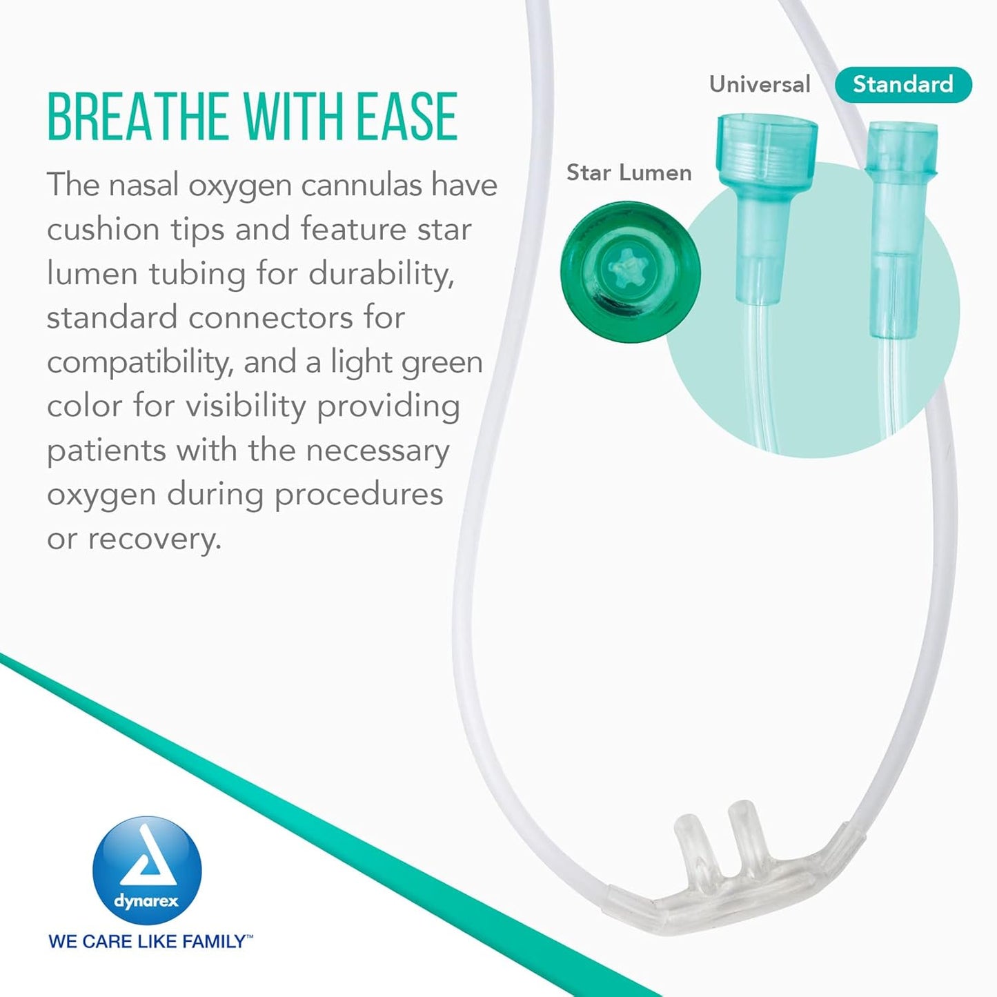 Dynarex Resp-O2 Nasal Oxygen Cannulas with Standard Tips - Adult, 21' Standard Connector (25 Count)