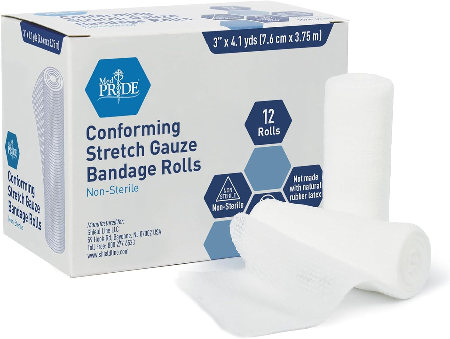 MedPride Conforming Stretch Gauze Bandage Roll -  Non-Sterile - 12 Rolls, Case of 8 (96 Count)