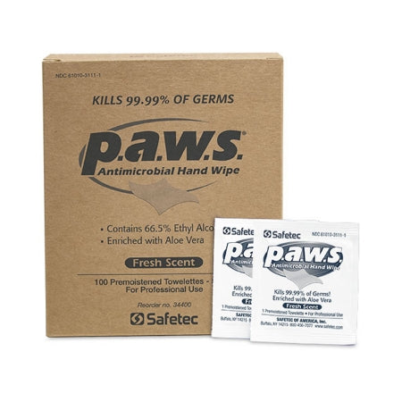 P.A.W.S. Hand Sanitizing Wipe P.A.W.S. 100 Count Ethyl Alcohol Wipe Individual Packet
WIPE, ANTIBACT IND WRAPPED PAWS (100/BX 10BX/CS)