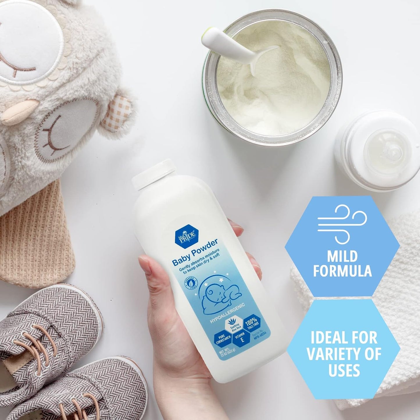 MEDPRIDE Hypoallergenic Talc Free Baby Powder with Seal, Cornstarch Powder with Aloe Vera and Vitamin E - White Bottle - 22 oz, 18/cs.