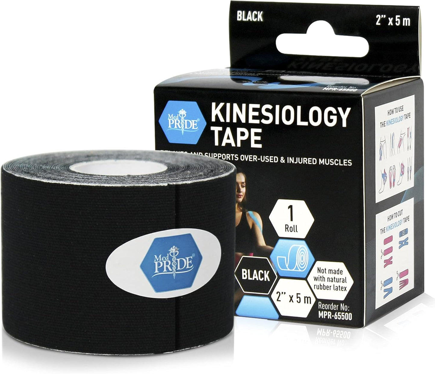 MedPride Kinesiology Tape – Black 2”x5M Latex-Free Athletic Tape for Pain Relief, Injured Muscle Support, 24/Box, Case of 6 (144 Count)