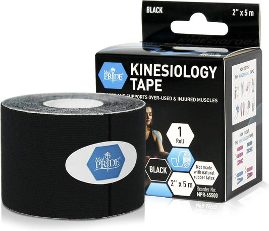 MedPride Kinesiology Tape – Black 2”x5M Latex-Free Athletic Tape for Pain Relief, Injured Muscle Support, 24/Box, Case of 6 (144 Count)