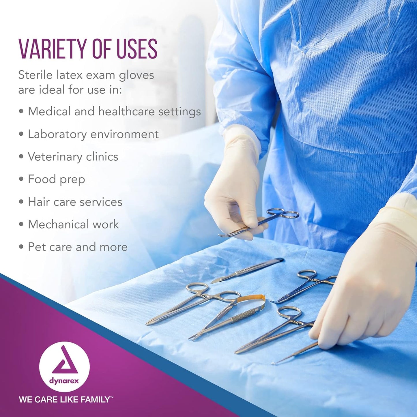 Dynarex Sterile Latex Exam Gloves, 3 Mil Thick, Powder-Free, 50prs/bx, 8bxs/cs (400 Count)