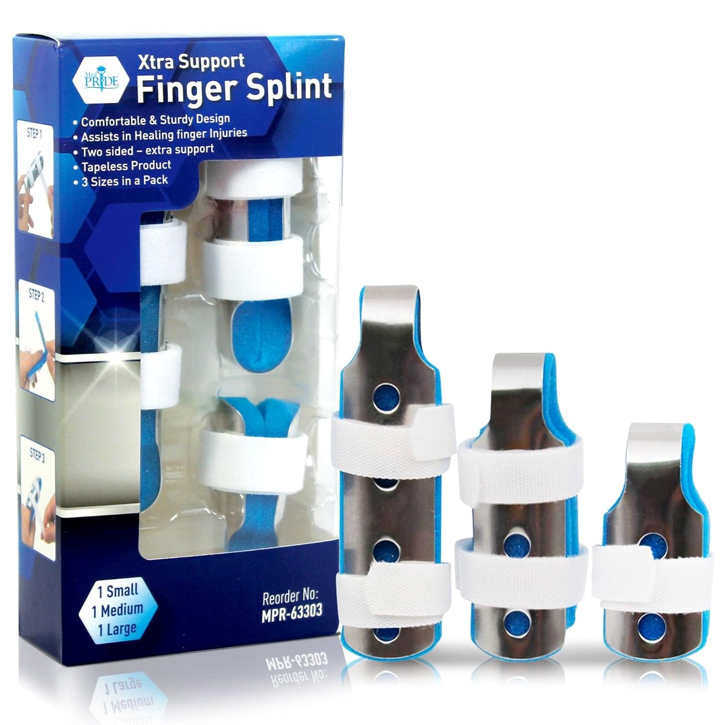 MedPride Finger Splint - S,M,L - 3 Size/pack - 6/box, Case of 12 (216 Count)