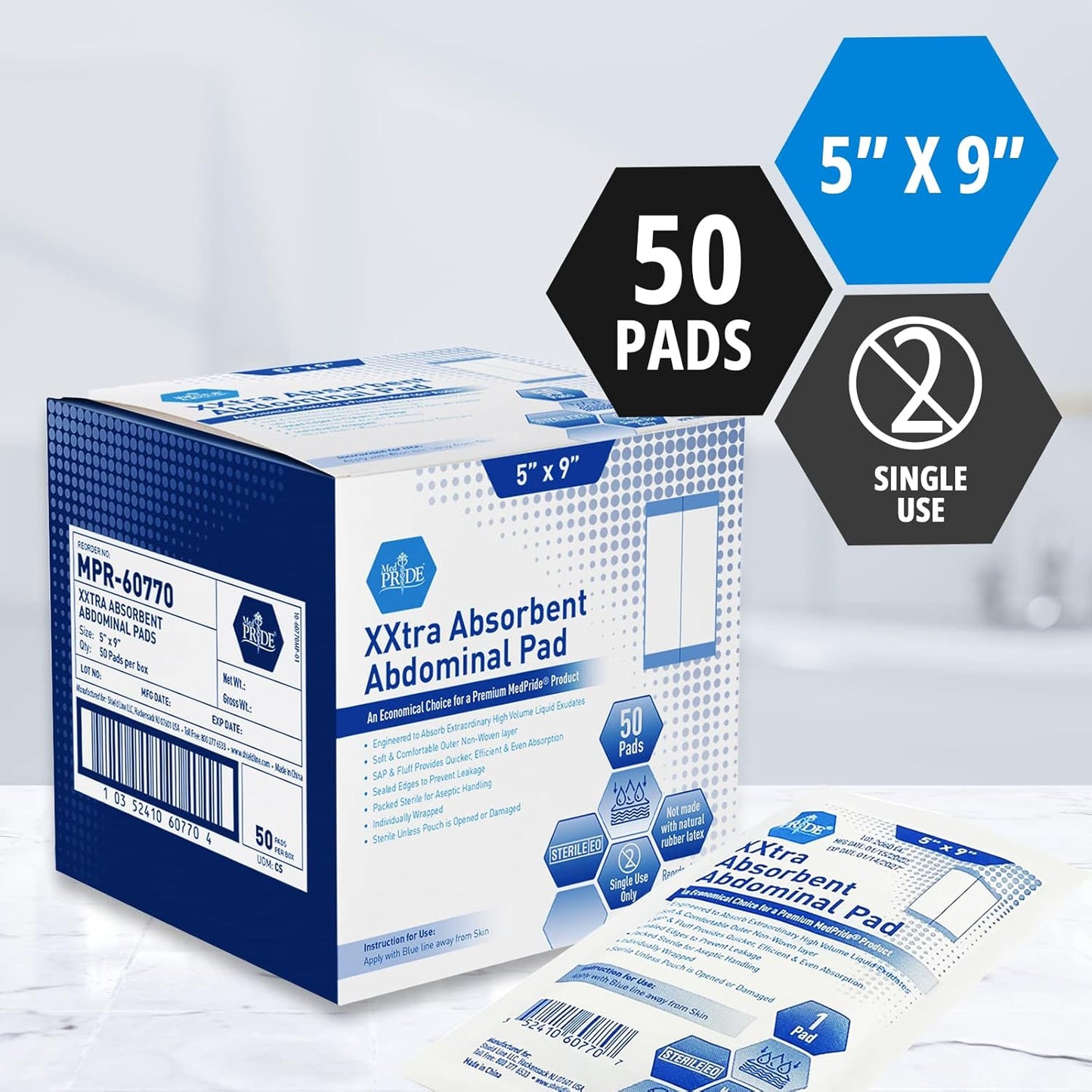 MedPride Extra Absorbent Abdominal Pad - 5x9 - Sterile - 50/box, Case of 12 (600 Count)