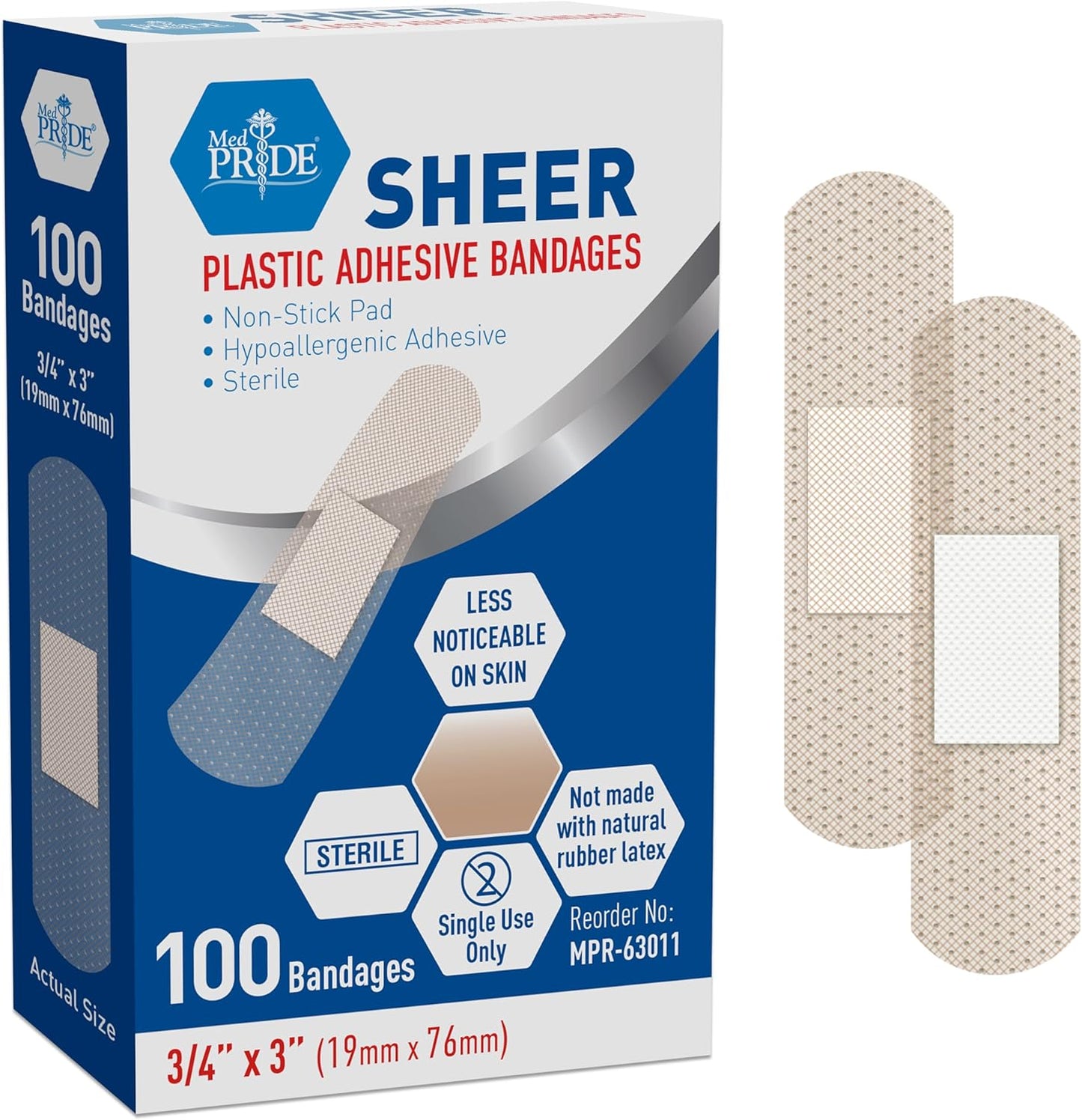 MedPride Sheer Strip Adhesive Bandage , First Aid Strips with Hypoallergenic Adhesive Sterile, 3/4"x3" - 100/Box, Case of 24 (2400 Count)
