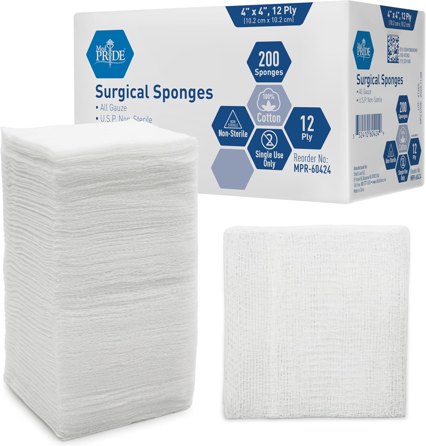 Medpride All Gauze Surgical Sponge Non-Sterile - 4”x 4”, 12-ply Extra Absorbent Sponges, 200/Box, Case of 10 (2,000 Count)