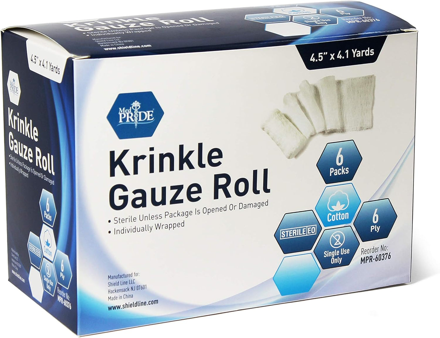 MedPride Krinkle Gauze Roll, Cotton Wound Dressing Sterile Wraps – 6-Ply, 4.5''x4.1 Yds. Case of 100